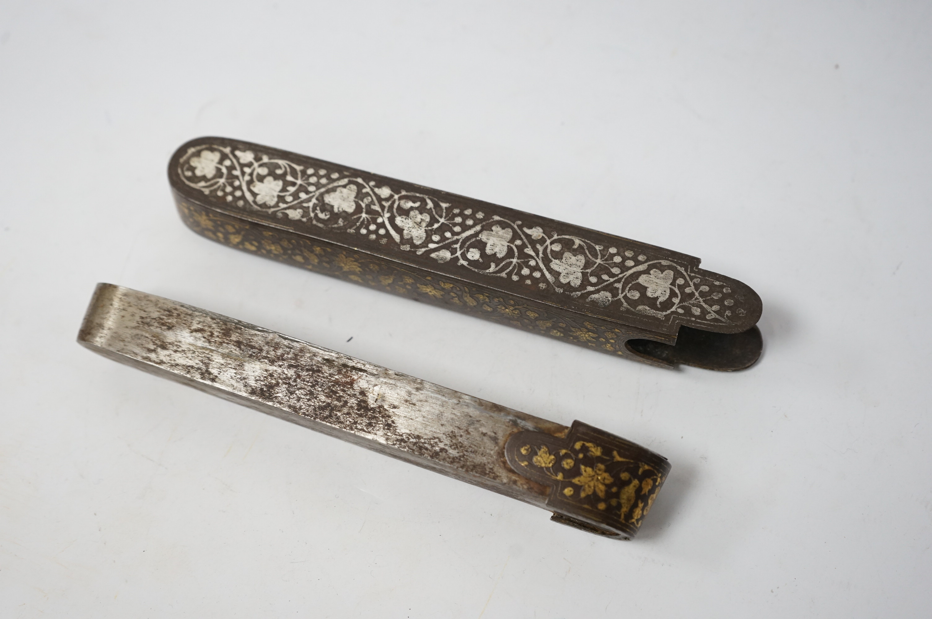 A 19th century Persian damascened iron scribe's box, galamdan, 21.5cm long. Condition - good